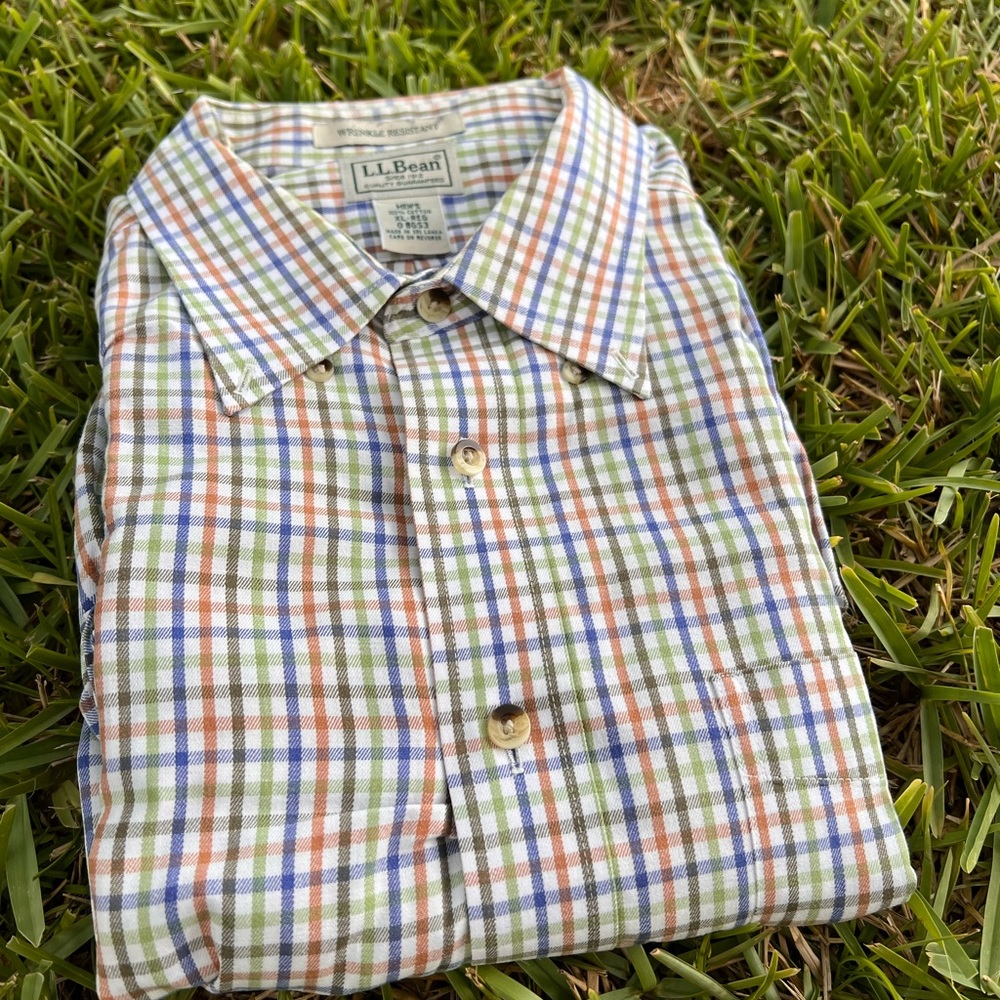 Mens LL Bean Button Up Plaid Check Dress Shirt